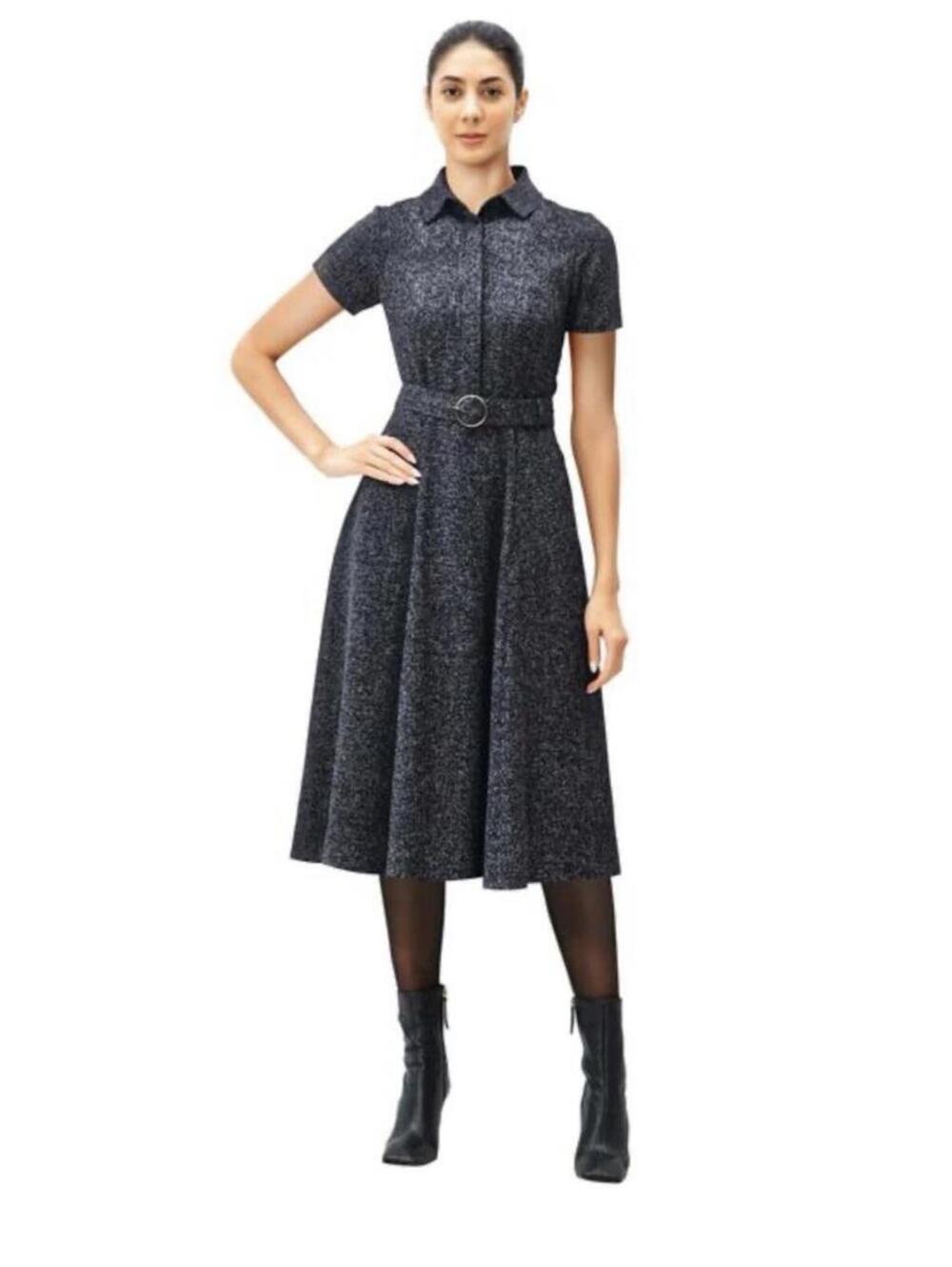 eShakti Black Textured Short Sleeve Midi Dress with Belt dd2